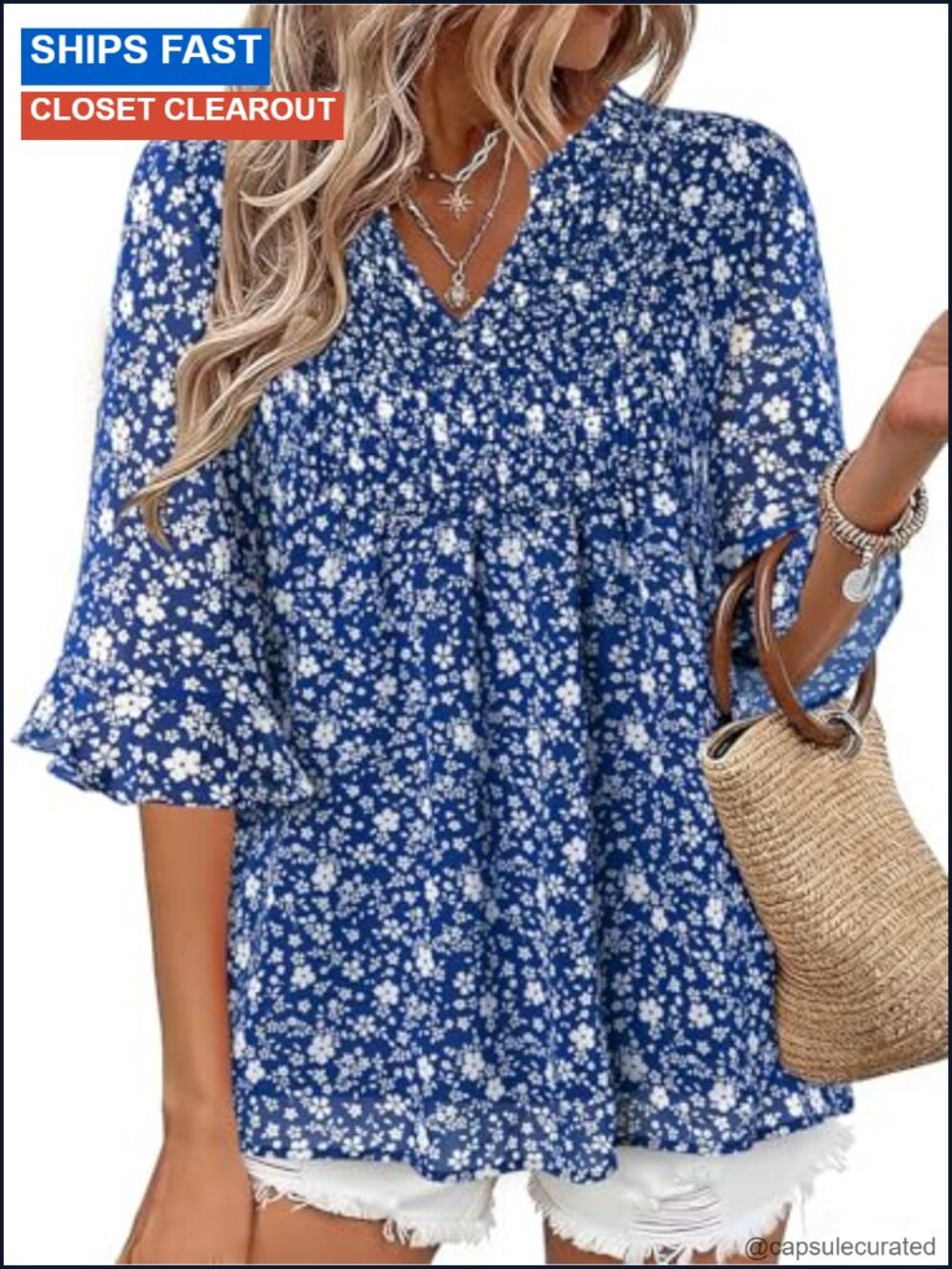 Women's Chiffon Floral Ruffle Blouse V-Neck Dressy Casual 3/4 Sleeve Summer Top